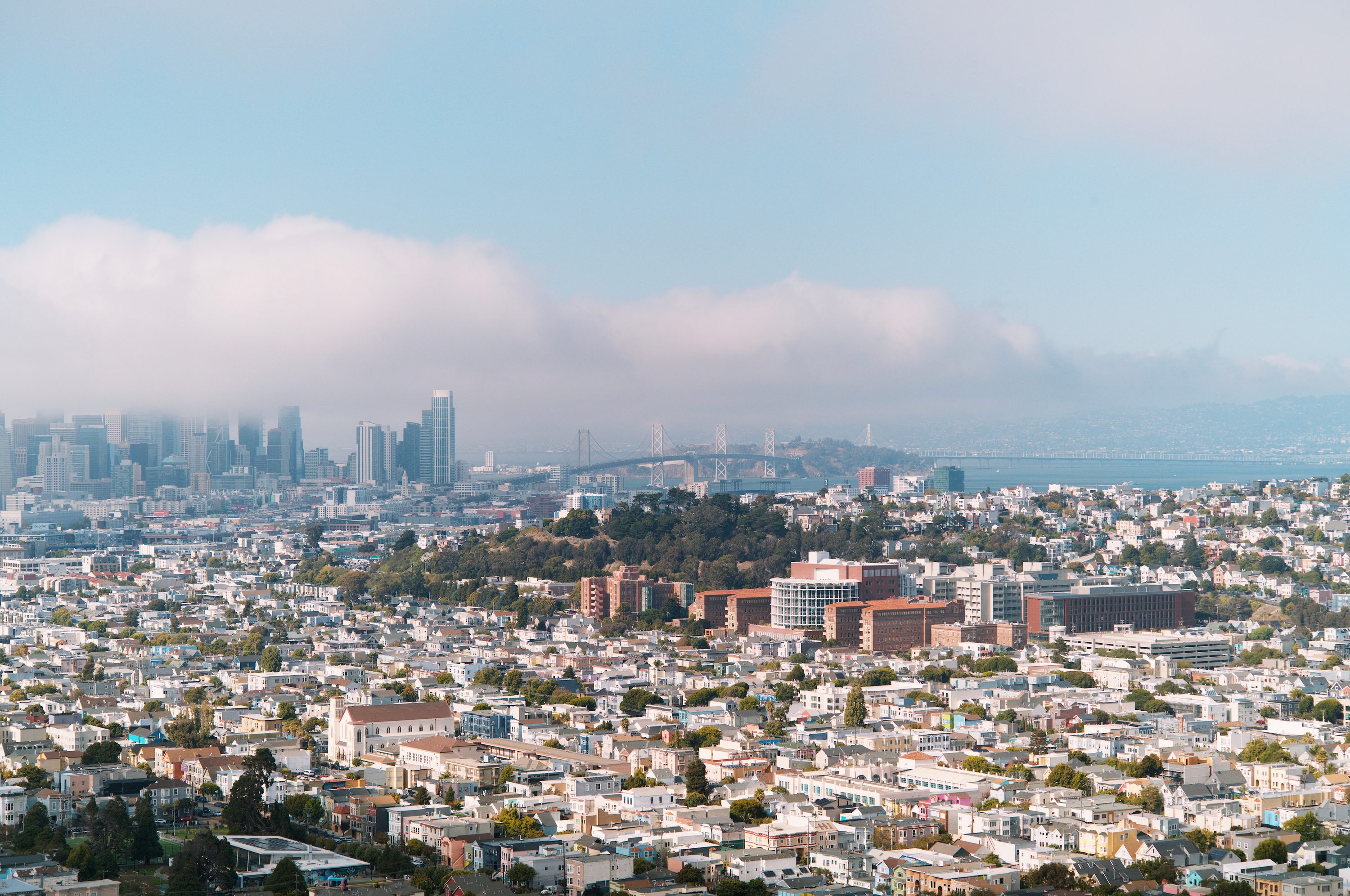 Downtown and the Bay Bridge as seen from Bernal Hill — San Francisco, CA